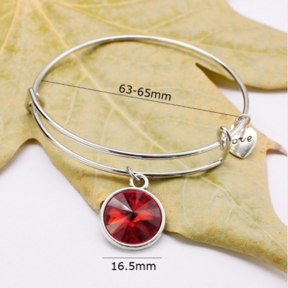 Birthstone Gemstone Charm Silver Bangle Bracelet - Picture 4 of 8
